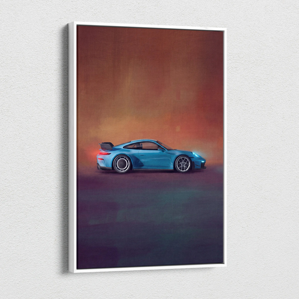 Blue Porsche 911 GT3 RS inspired sports car wall art in stylized painting on white framed canvas print for track edition fans