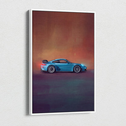 Blue Porsche 911 GT3 RS inspired sports car wall art in stylized painting on white framed canvas print for track edition fans