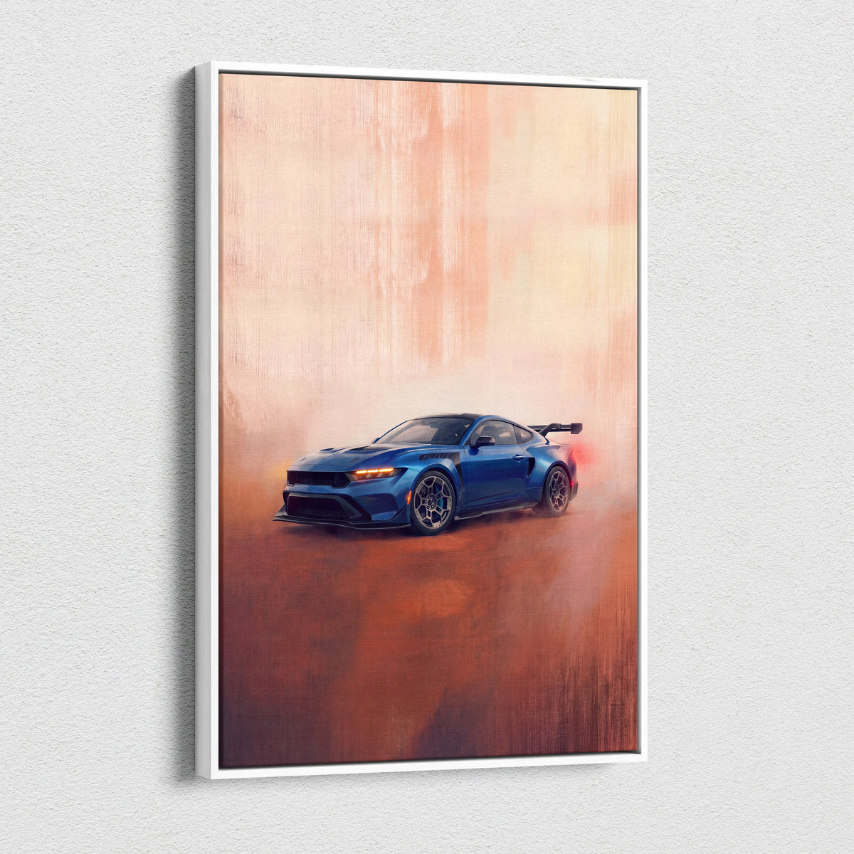 Blue dodge challenger srt hellcat art print in white frame ford mustang gtd inspired muscle car canvas wall art