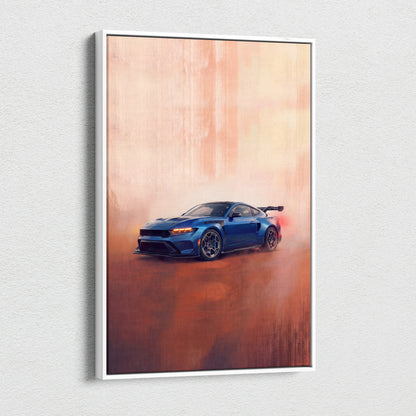 Blue dodge challenger srt hellcat art print in white frame ford mustang gtd inspired muscle car canvas wall art