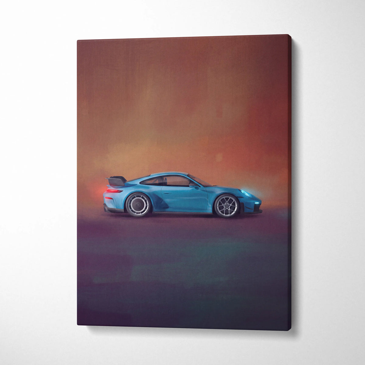 A vibrant blue porsche 911 gt3 rs inspired car wall art canvas print with glowing red taillights at sunset
