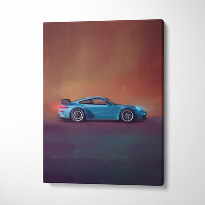 A vibrant blue porsche 911 gt3 rs inspired car wall art canvas print with glowing red taillights at sunset