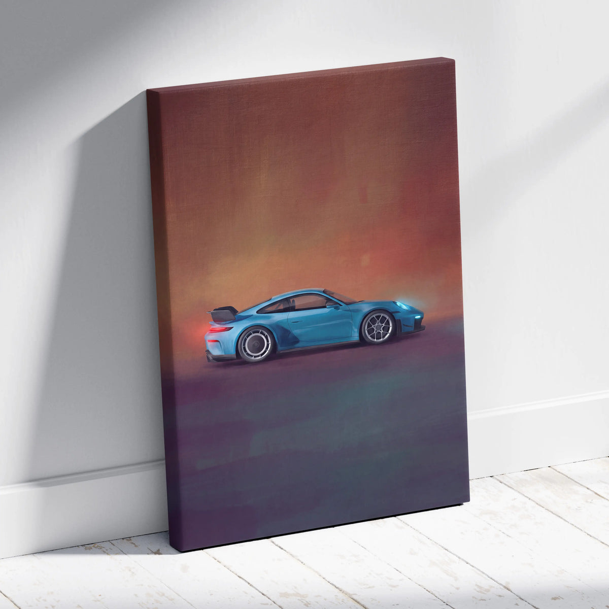 A vibrant blue Porsche 911 GT3 RS inspired sports car side profile on a stretched canvas with gradient sunset background