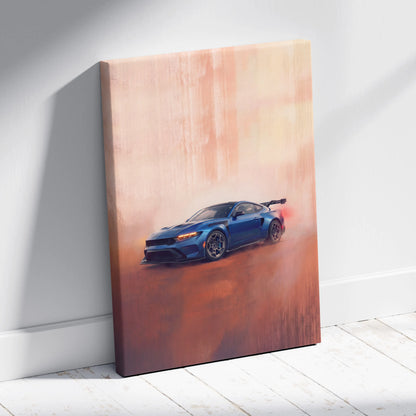 Blue dodge challenger srt hellcat canvas print featuring dynamic painted muscle car speeding through dust for living room wall art