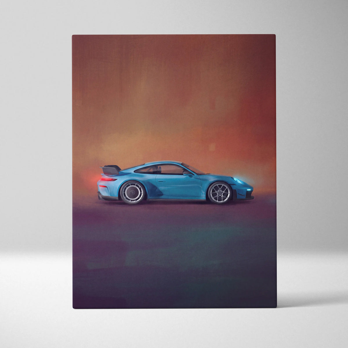 A vibrant blue porsche 911 gt3 rs inspired car wall art painted illustration on canvas for track edition fans