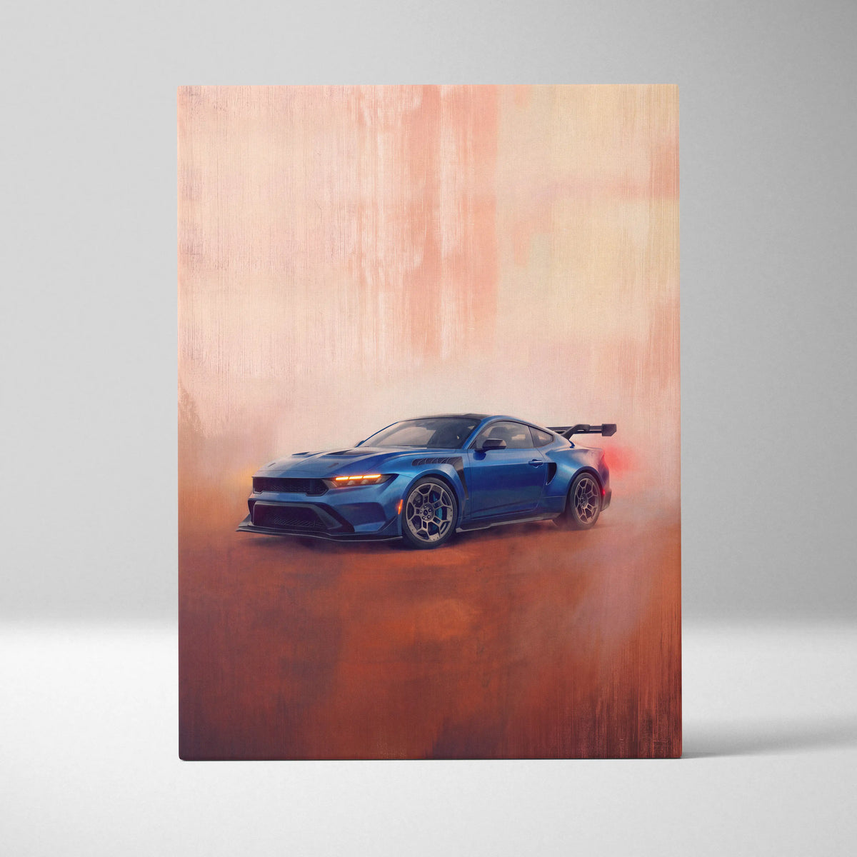 Ford Mustang GTD inspired automotive wall art featuring a blue Mustang GT with black racing stripes and rear spoiler