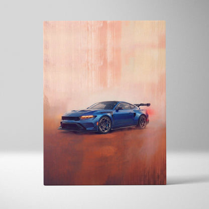 Ford Mustang GTD inspired automotive wall art featuring a blue Mustang GT with black racing stripes and rear spoiler