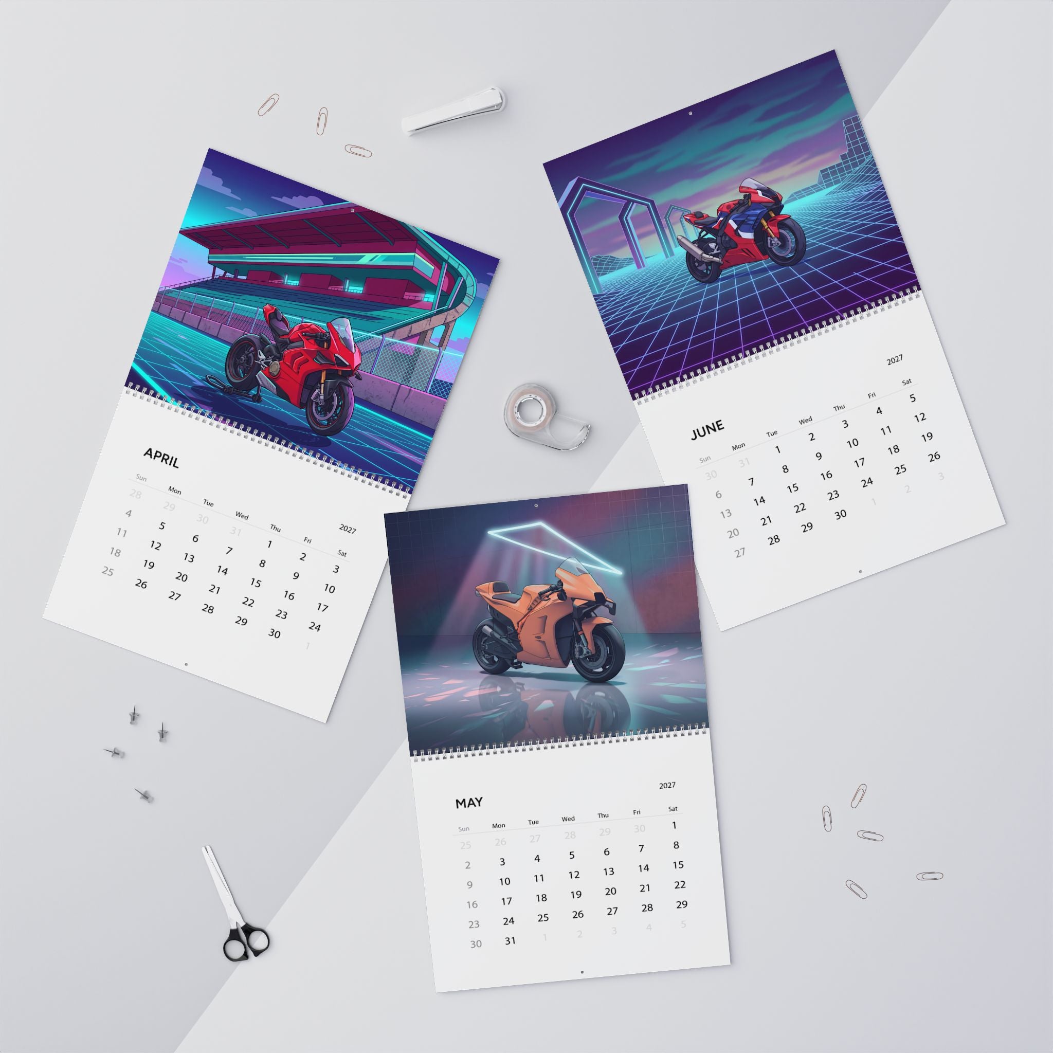 2027 Superbike Vaporwave Art Calendar – High Performance Motorcycles & Neon Street Artwork Collection
