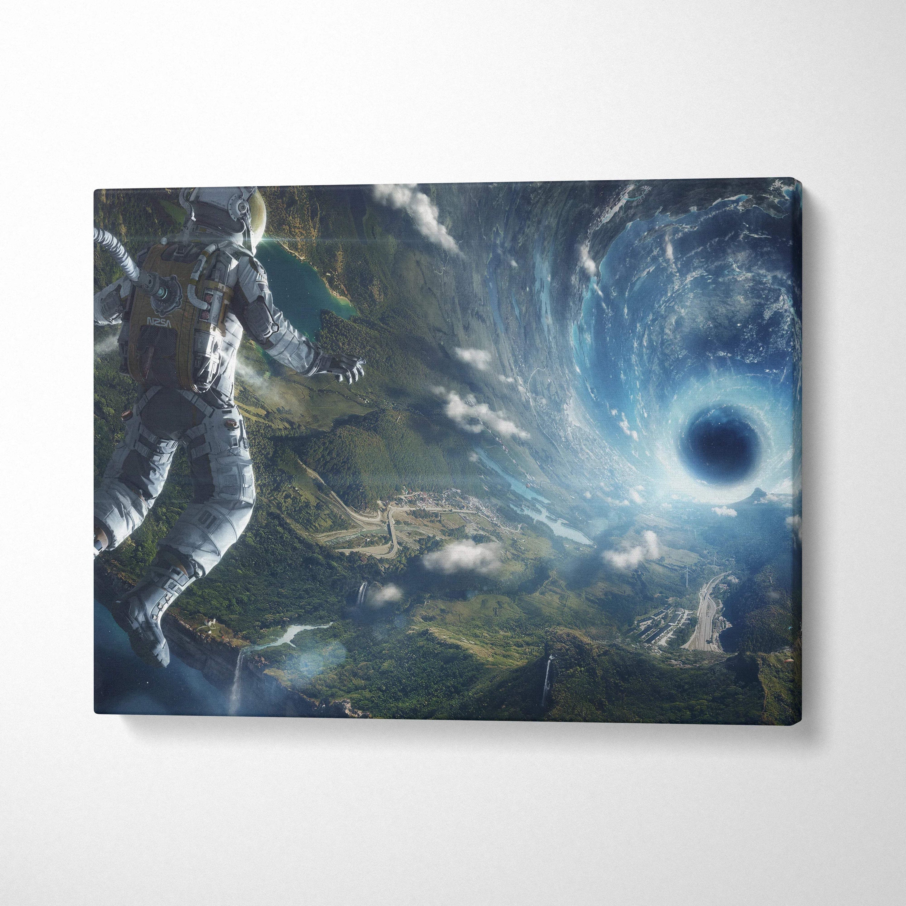 Astronaut in silver spacesuit above emerald landscapes with blue cosmic vortex