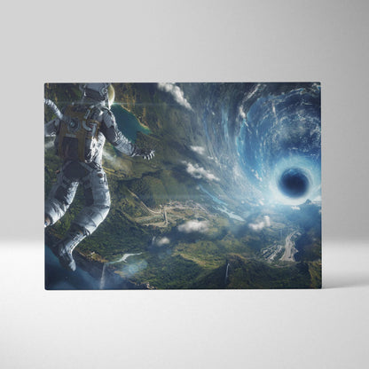 Astronaut in spacesuit above emerald landscapes with blue cosmic spiral vortex canvas art