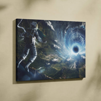 Astronaut in spacesuit above emerald landscapes and cosmic vortex canvas art