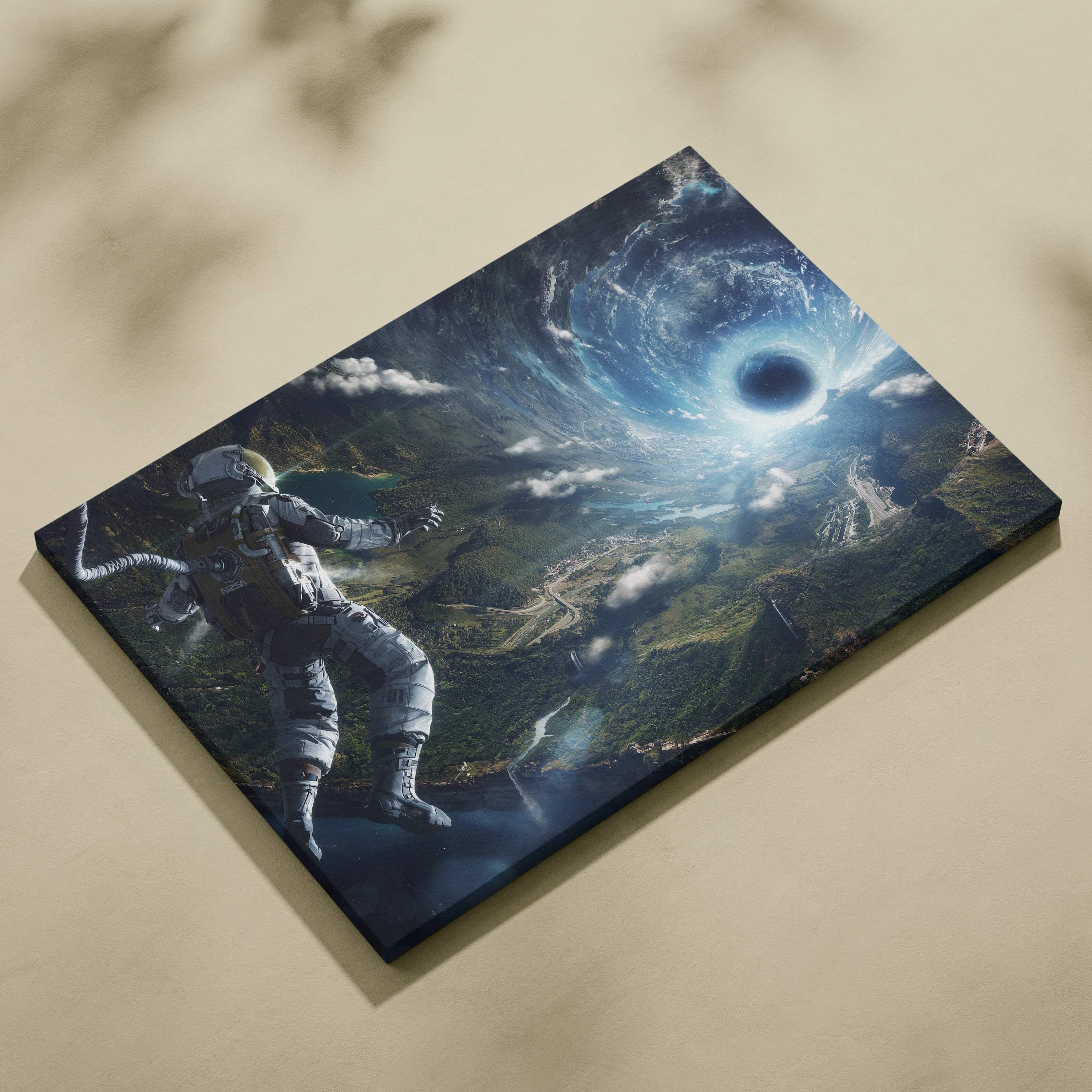 Astronaut on emerald Earth landscapes with blue cosmic vortex canvas art