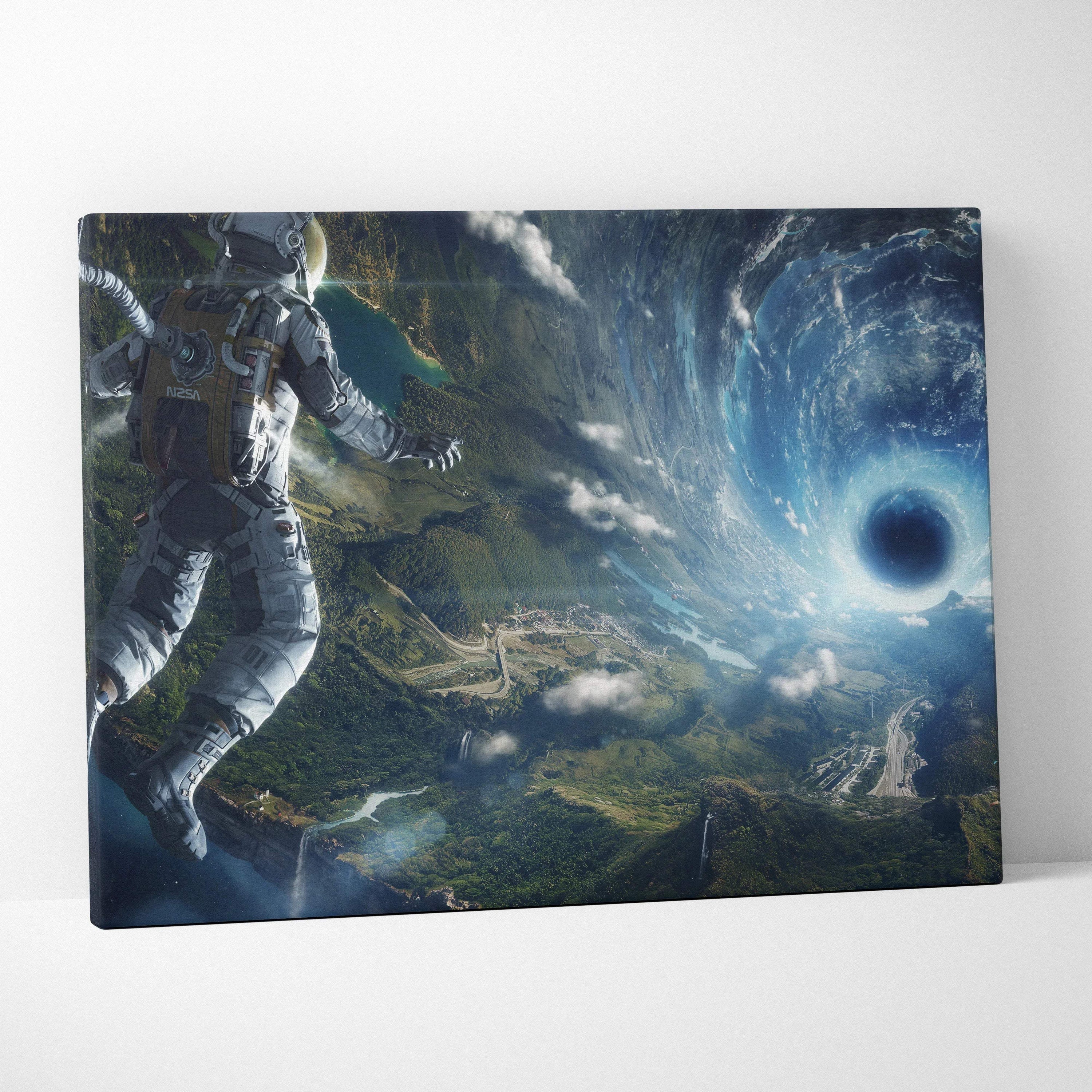 Astronaut in spacesuit above emerald Earth with cosmic vortex canvas art