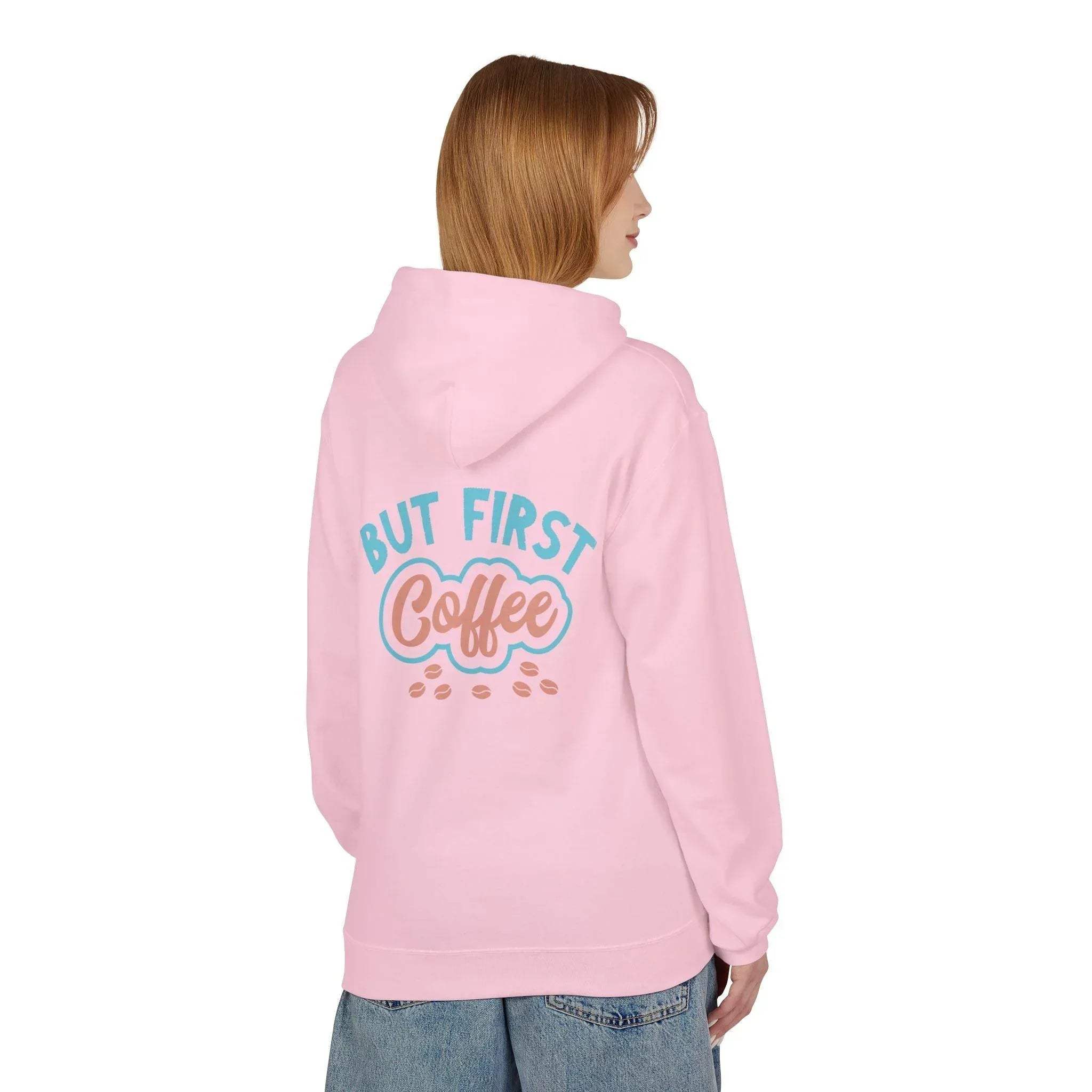 Cozy "But First Coffee" Fleece Hoodie for Coffee Lovers