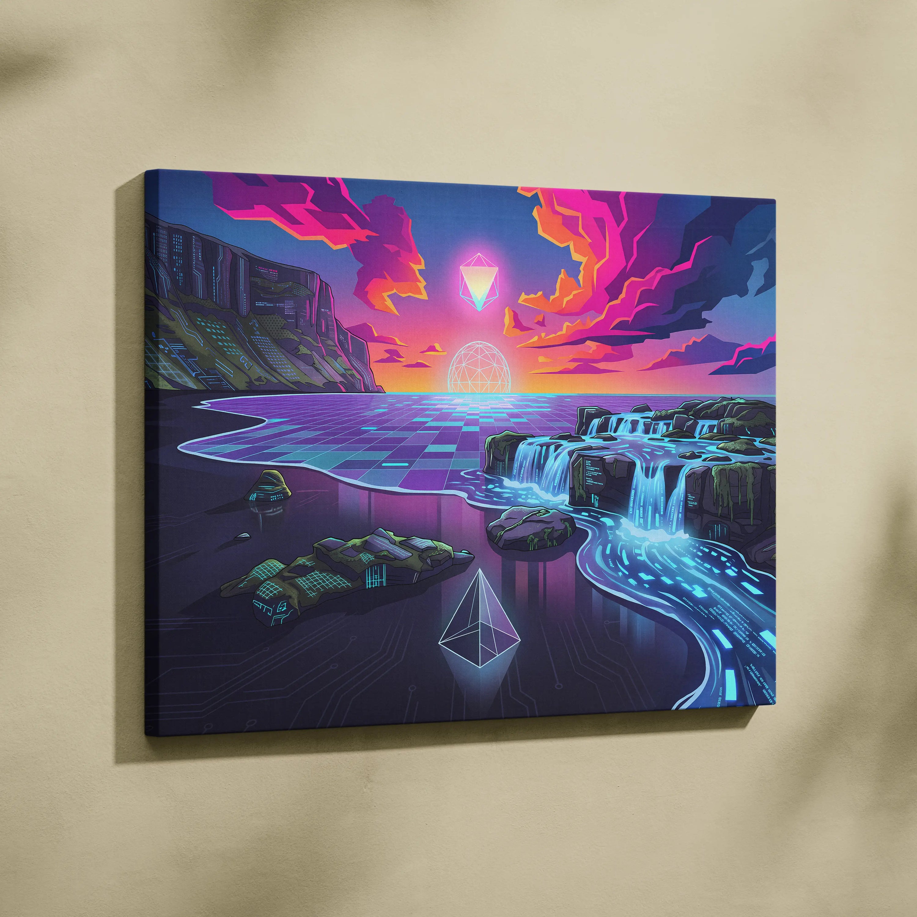 Neon Vaporwave Canvas Dreamscape - Vaporwave Canvas Neon Pink Purple Living Room Retro Futurism Dreamy Vaporwave Decor Canvas