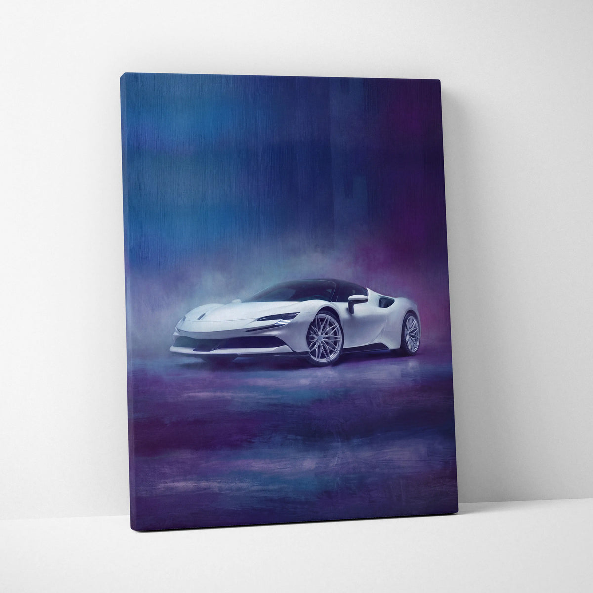 White Ferrari SF90 Stradale inspired sports car canvas print with sleek design and metallic wheels on blue purple gradient background