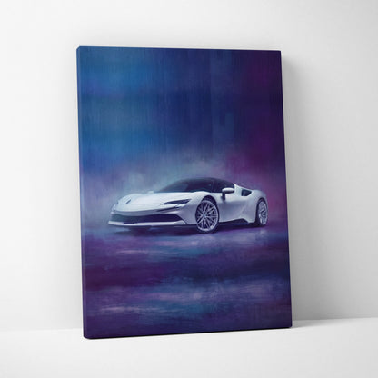 White Ferrari SF90 Stradale inspired sports car canvas print with sleek design and metallic wheels on blue purple gradient background