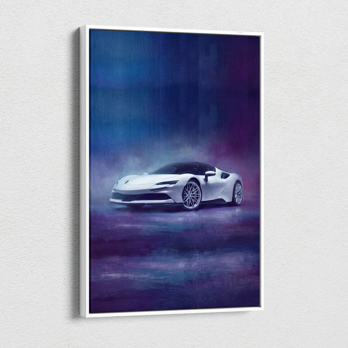 White framed canvas print featuring a silver ferrari sf90 stradale sports car on a blue and purple gradient background