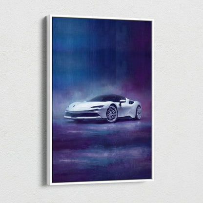 White framed canvas print featuring a silver ferrari sf90 stradale sports car on a blue and purple gradient background