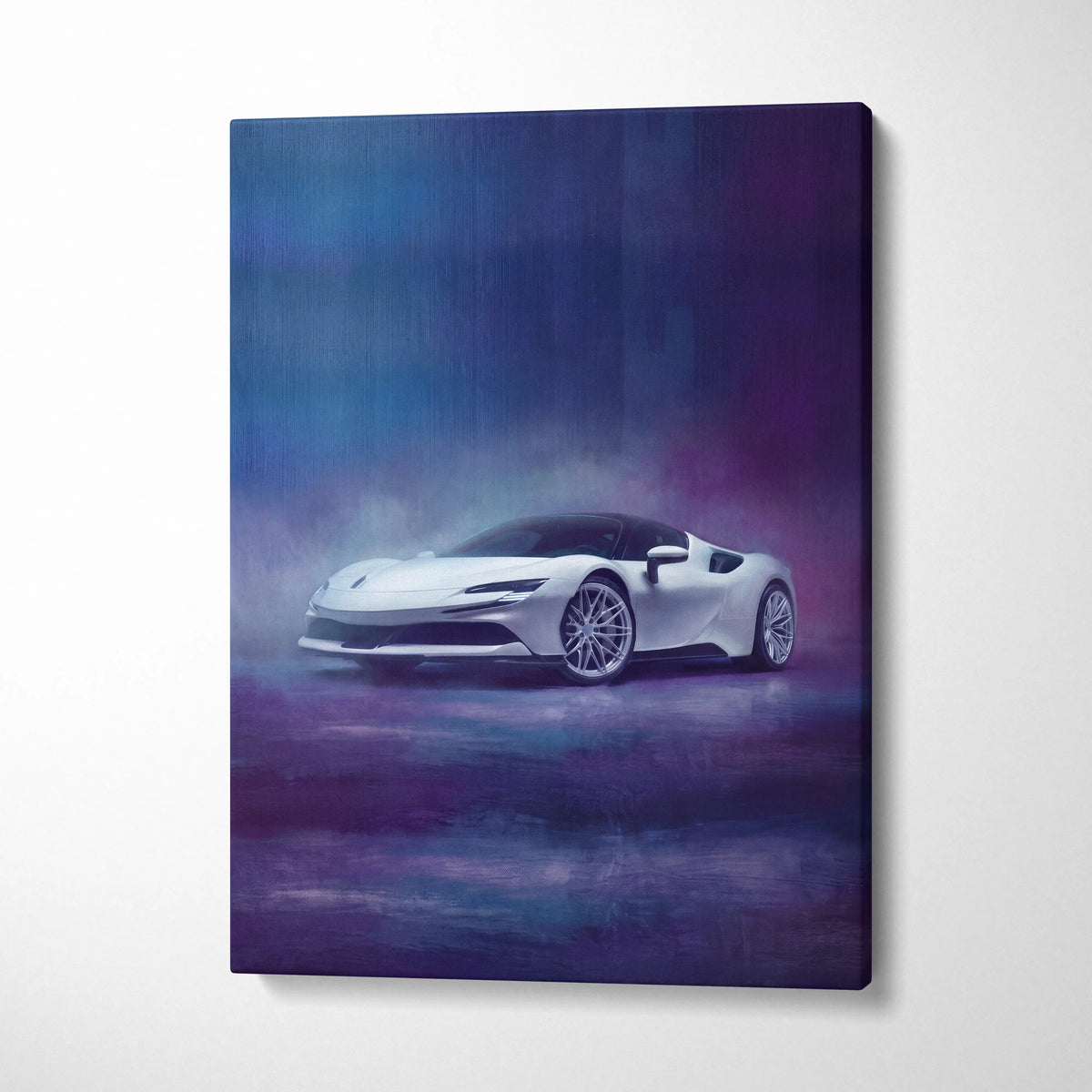 White ferrari sf90 stradale inspired luxury supercar canvas print with sleek lines and purple blue ambient lighting