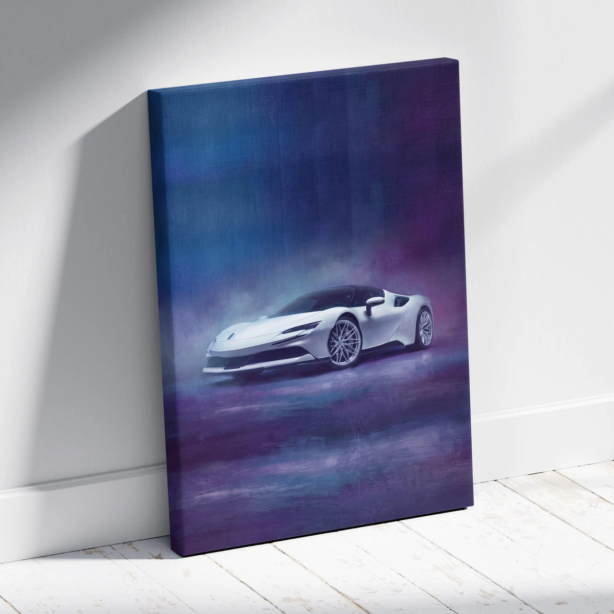 White ferrari sf90 stradale inspired sports car on canvas with blue and purple gradient background luxury wall art