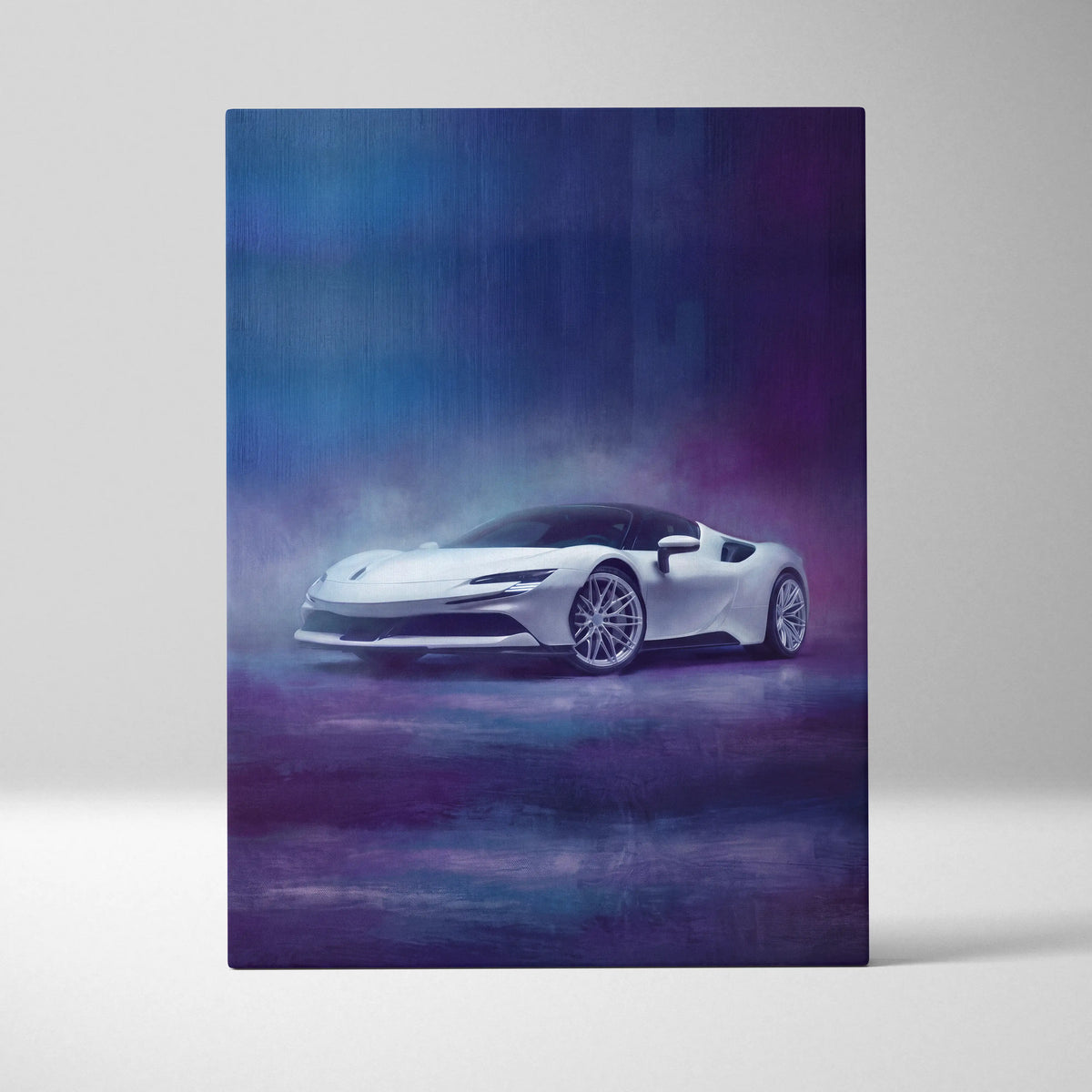 A sleek white ferrari sf90 stradale inspired sports car in vibrant blue and purple canvas wall art print