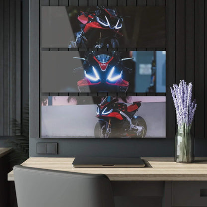 Three-piece acrylic canvas wall art featuring Aprilia RSV4 1100 Factory motorcycle with vibrant red and blue highlights.
