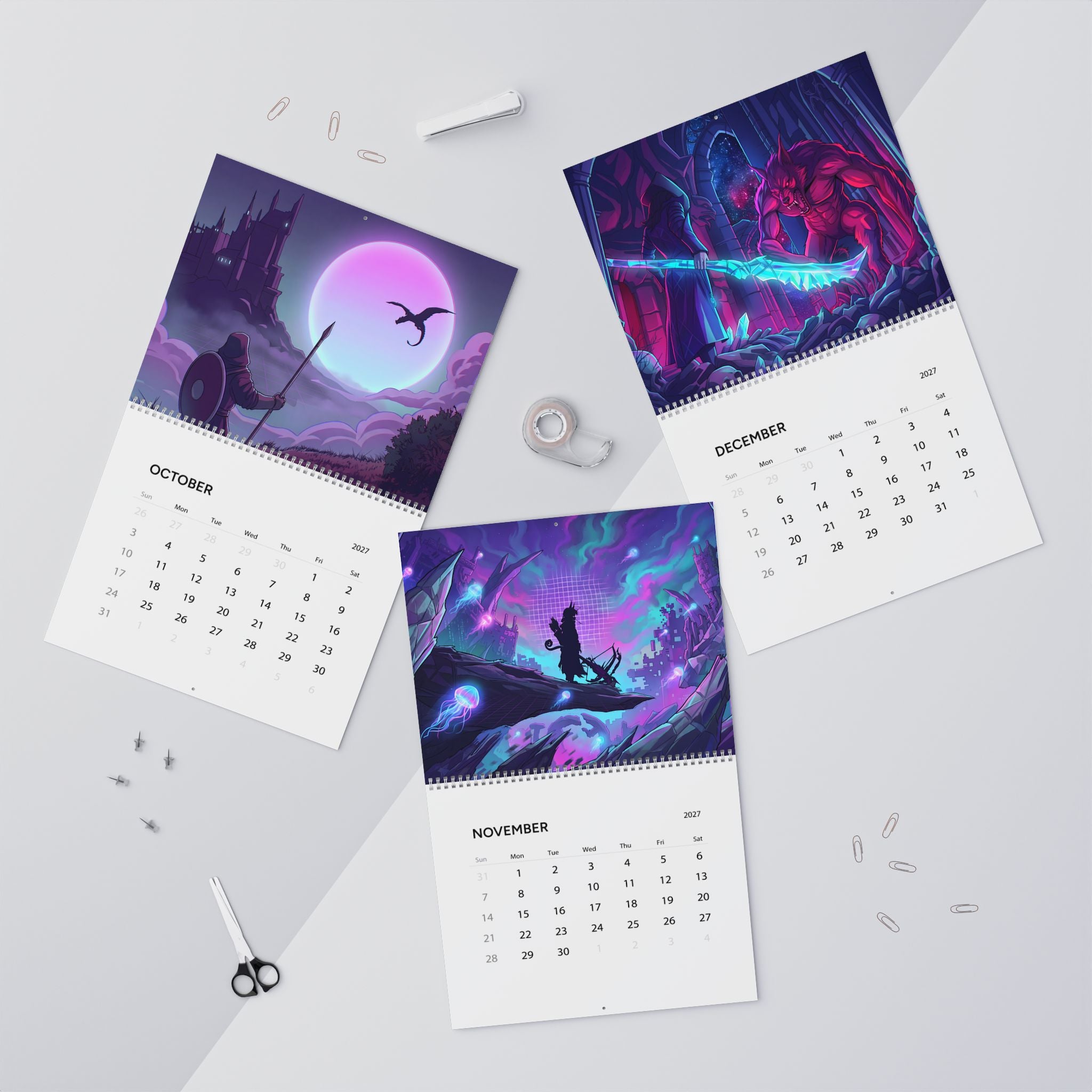 2027 Fantasy Vaporwave Wall Calendar – Vibrant Neon Art & Surreal Fantasy Designs