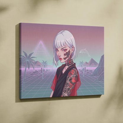 Vaporwave Neon Portrait Canvas - Female Vaporwave Character Neon Pink Teal Bedroom Decor Dreamy Retro Futurism Canvas