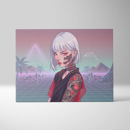 Vaporwave Neon Portrait Canvas - Female Vaporwave Character Neon Pink Teal Bedroom Decor Dreamy Retro Futurism Canvas