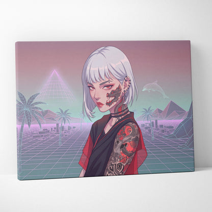 Vaporwave Neon Portrait Canvas - Female Vaporwave Character Neon Pink Teal Bedroom Decor Dreamy Retro Futurism Canvas