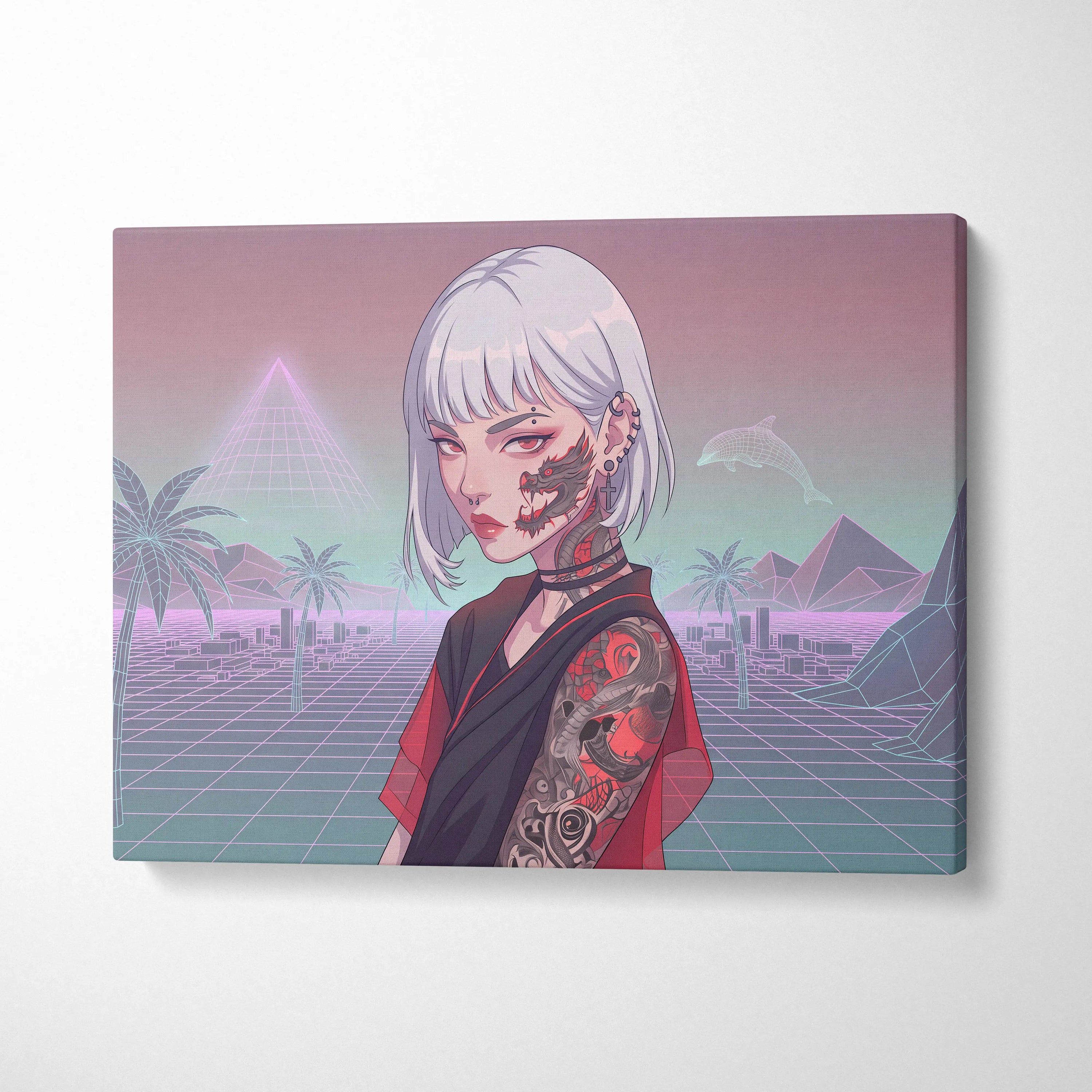 Vaporwave Neon Portrait Canvas - Female Vaporwave Character Neon Pink Teal Bedroom Decor Dreamy Retro Futurism Canvas