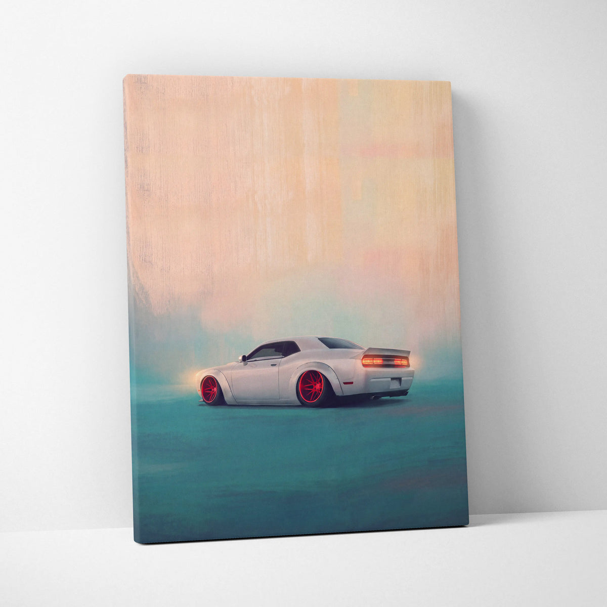 Dodge challenger inspired automotive canvas art featuring a white widebody muscle car with red rims for bedroom wall decor