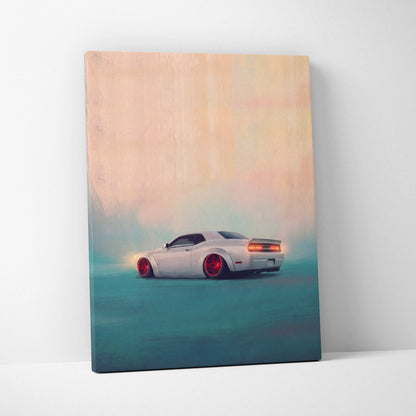 Dodge challenger inspired automotive canvas art featuring a white widebody muscle car with red rims for bedroom wall decor