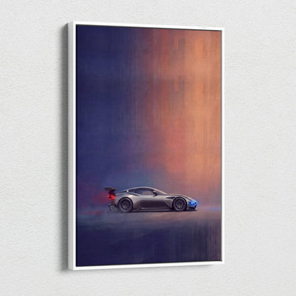 Aston Martin Vulcan inspired canvas painting print showcasing a sleek silver sports car with blue accents and spoiler