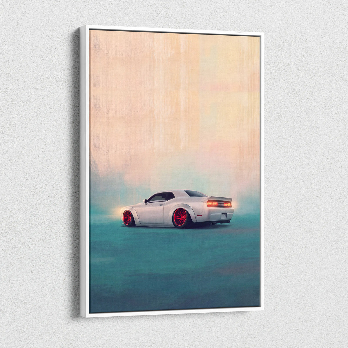 White dodge challenger with red rims on framed canvas artwork for widebody muscle car wall decor in bedroom