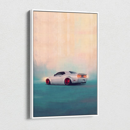White dodge challenger with red rims on framed canvas artwork for widebody muscle car wall decor in bedroom