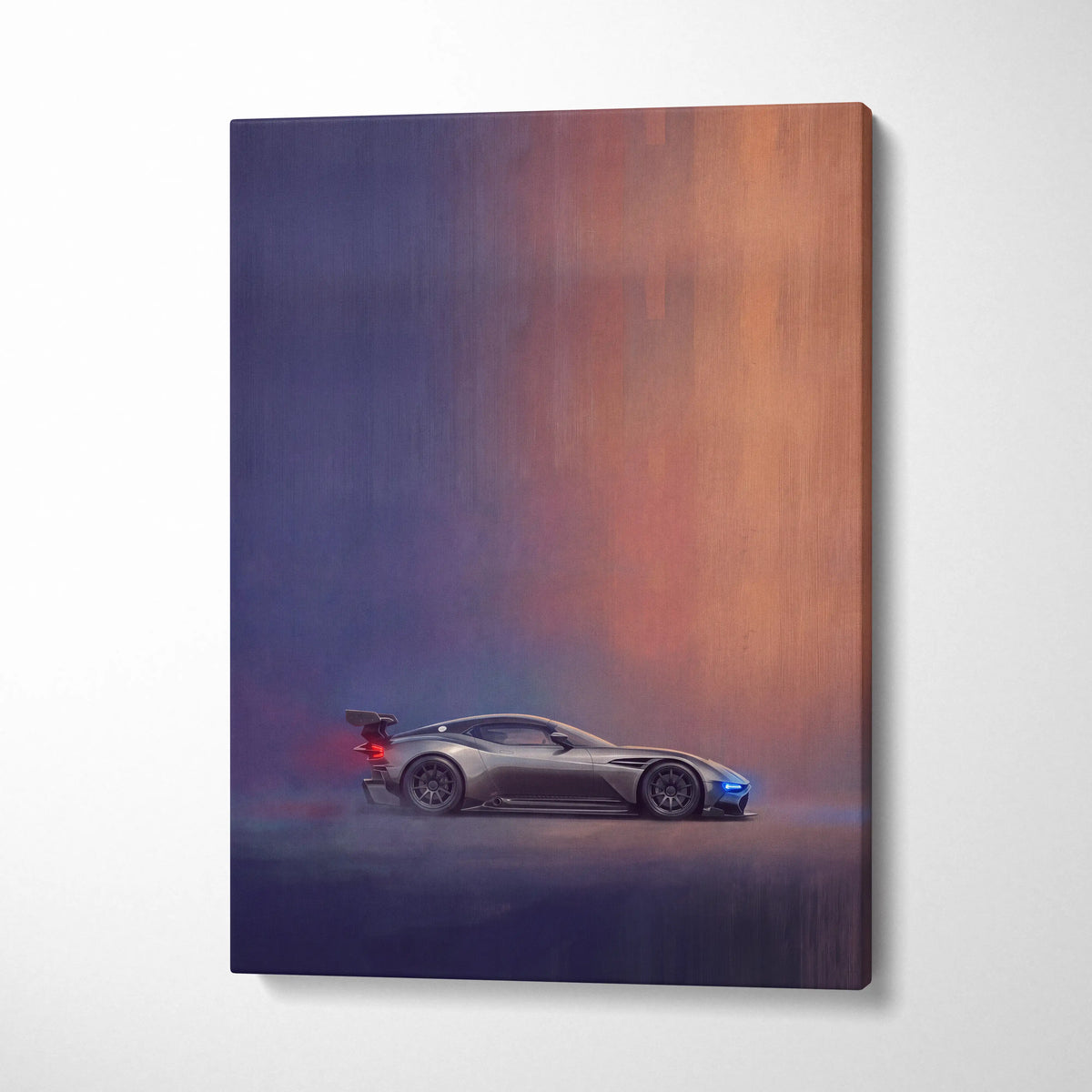 Aston Martin Vulcan inspired car wall art featuring a sleek silver Aston Martin Vantage GT3 canvas painting print