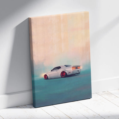 White dodge challenger canvas print with red wheels and glowing taillights for bedroom wall decor