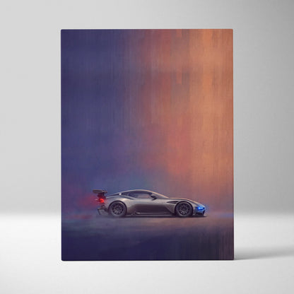 A sleek silver aston martin valkyrie race car with blue and red accents on a canvas painting print wall art