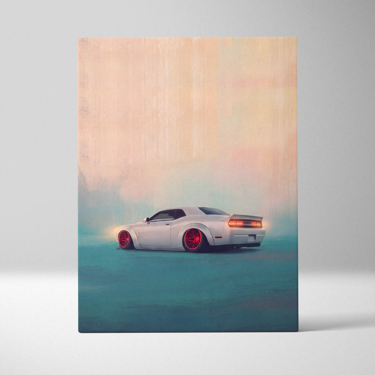 White dodge challenger with red rims stylized artistic canvas art widebody muscle car wall decor for bedroom