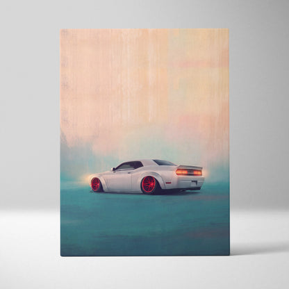 White dodge challenger with red rims stylized artistic canvas art widebody muscle car wall decor for bedroom