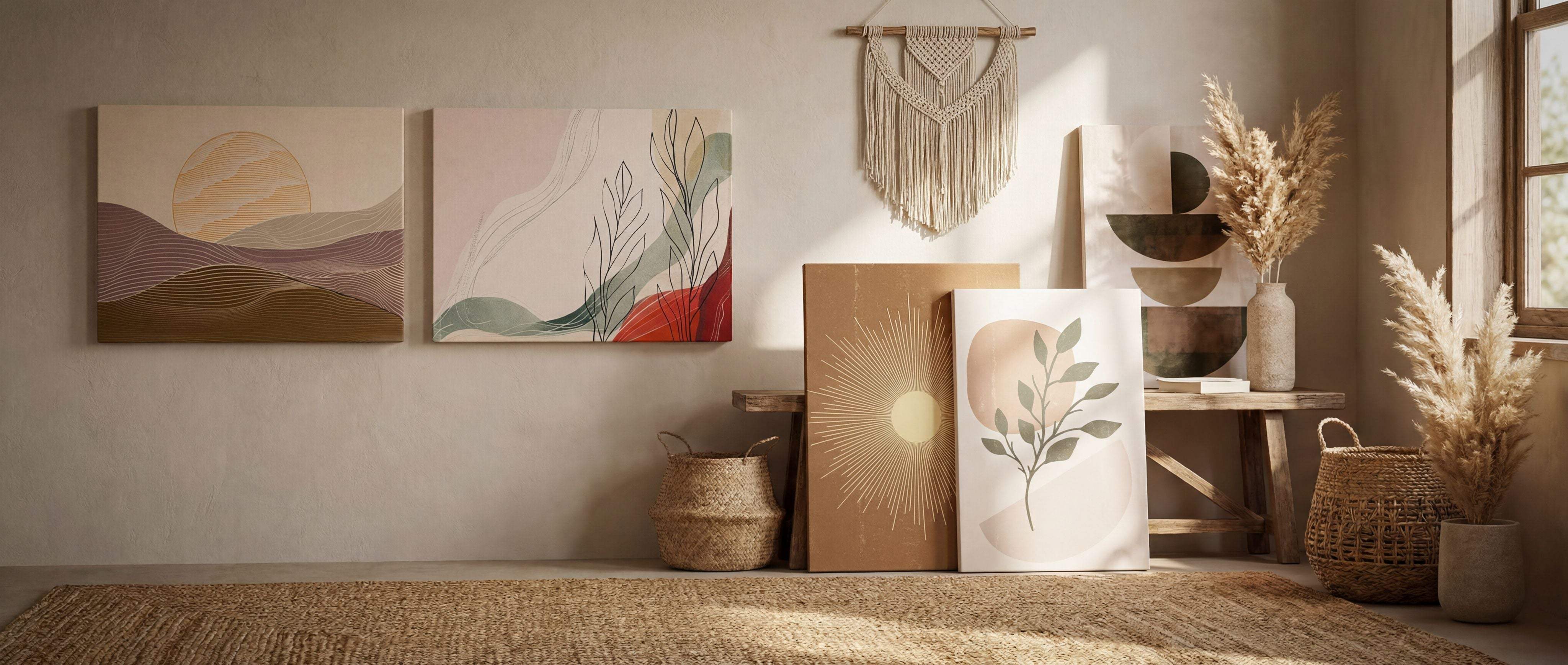 A beige macrame wall hanging with a wooden dowel and tassels.