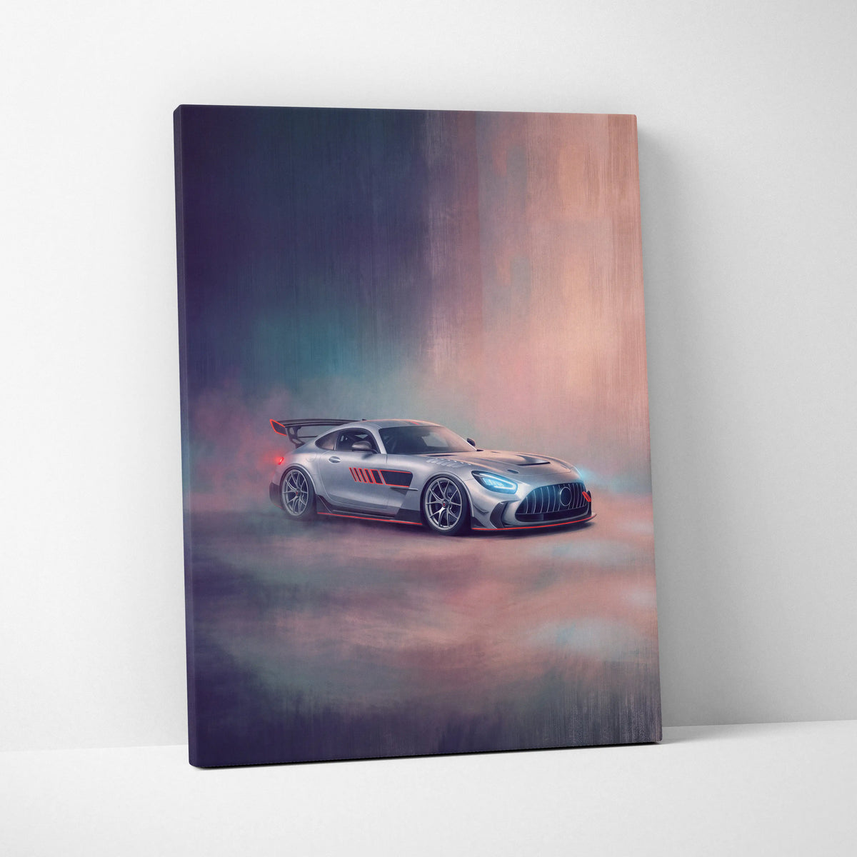 Silver mercedes-amg gt r sports car with red accents and rear spoiler on luxury supercar canvas wall art print