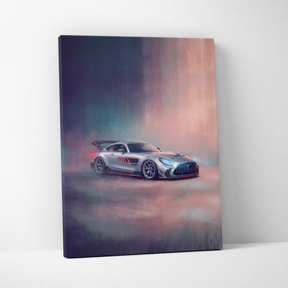 Silver mercedes-amg gt r sports car with red accents and rear spoiler on luxury supercar canvas wall art print