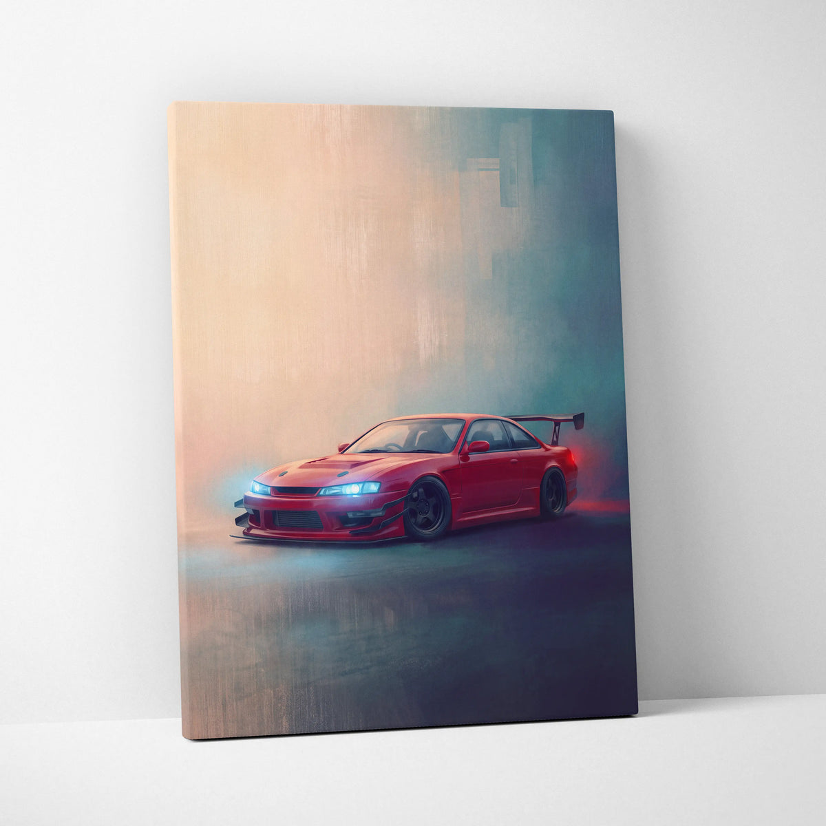 Red nissan silvia s15 sports car canvas print with glowing headlights and rear spoiler for japanese drift wall art