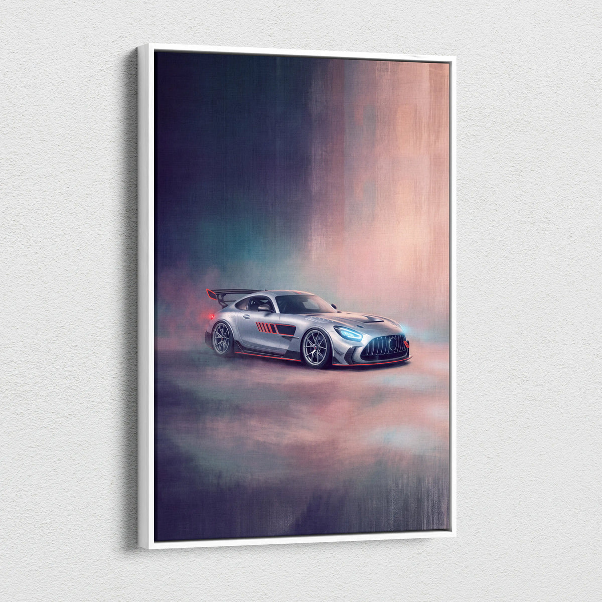 Silver mercedes-amg gt r sports car with red accents and black stripes on luxury supercar canvas wall art print