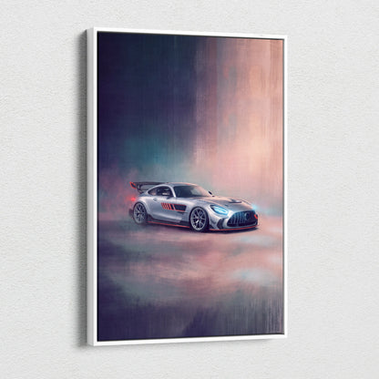 Silver mercedes-amg gt r sports car with red accents and black stripes on luxury supercar canvas wall art print