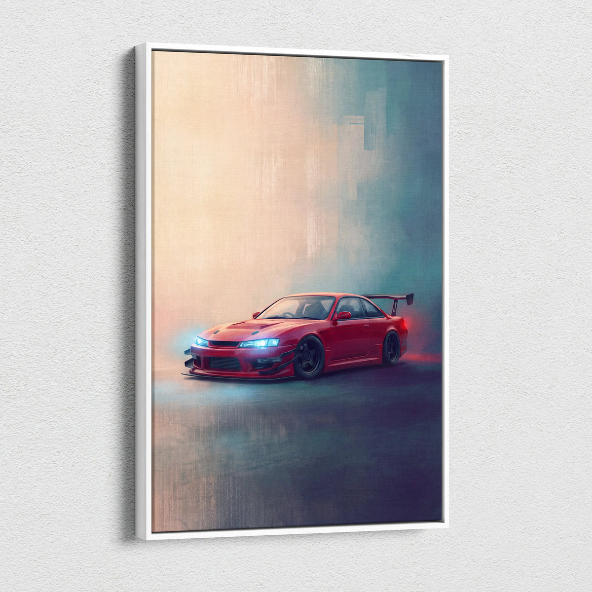Nissan Silvia S14 inspired red sports car wall art with glowing headlights and smoke effects on canvas for home decor
