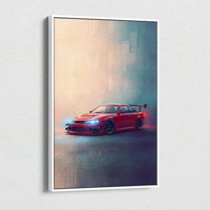 Nissan Silvia S14 inspired red sports car wall art with glowing headlights and smoke effects on canvas for home decor